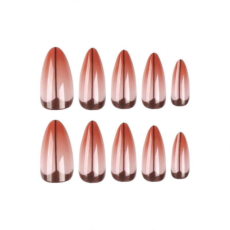 SINHOT Long Stiletto Press on Nails French Tip Almond Fake Nails Glossy Glue on Nails Brown Gradient Acrylic Nail Artificial Nail Black Line Stick on False Nail with Design 24 pcs - Image 2